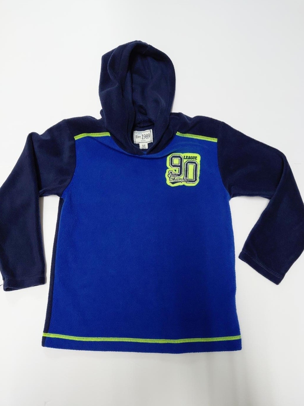 Place Kid's  Blue & Navy Hooded Pullover with Lime Trim - '90' Patch
